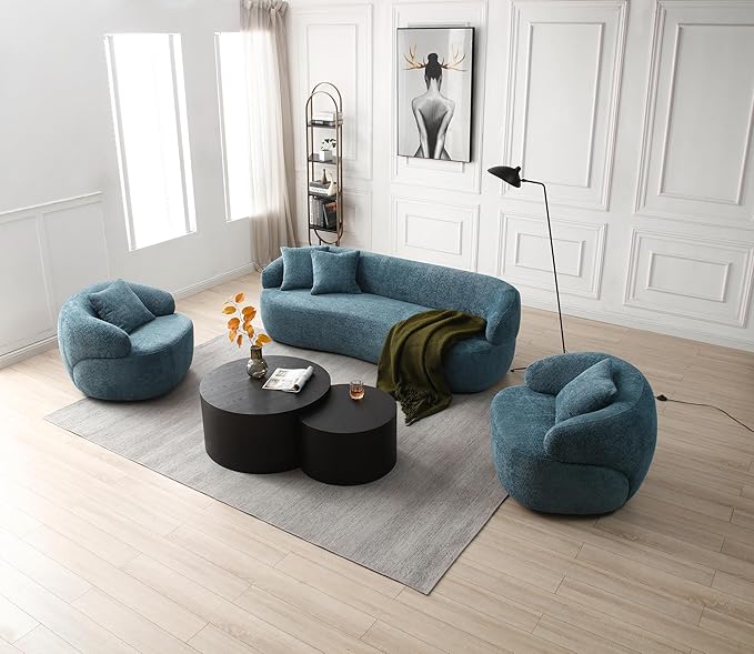 KEIKI 35 Round Oversized Boucle Single Sofa Chair with Ergonomic Design Upholstered Modern Style 1-Seater Corner Swivel Barrel Chair Easy Assembly for Office Apartment Living Room Blue