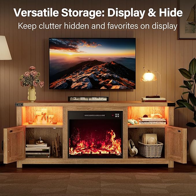YESHOMY LED Fireplace TV Stand with Mood Lighting TV Cabinet with Open Shelf Farmhouse Media Console with Hidden Cable Routing Entertainment Center for Televisions up to 65+ Inch Natural Oak