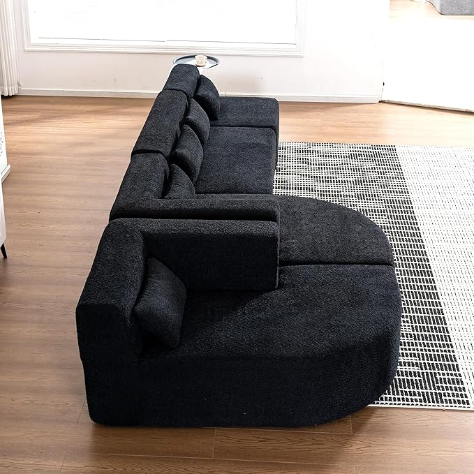 144 Upholstered Sofa Free-Combined Sofa Couch with Two Chaise Lounge and Five Back Pillows for Living Room (Black@50)