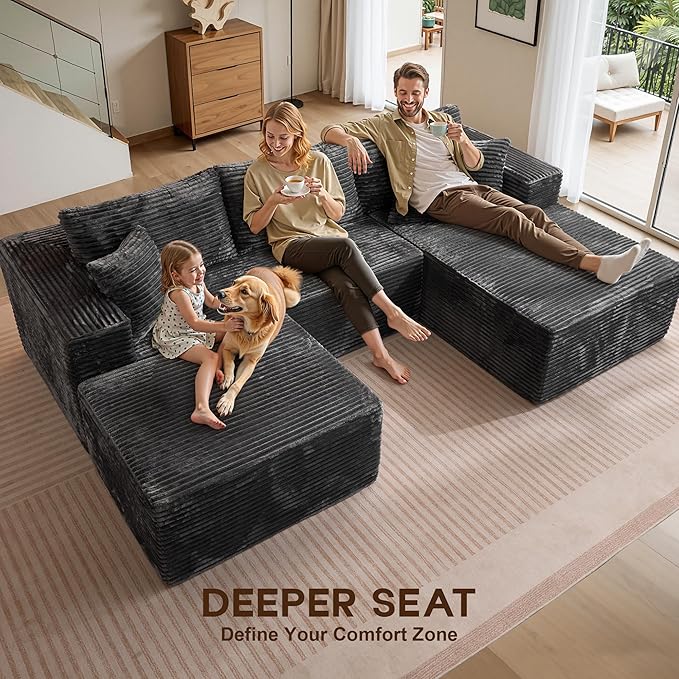 108 Boneless Cloud Couch with Ottoman Moudular Sectional Sofa with Deep Seat No Assembly Required Modern Minimalist Sofas with Chaise Comfy U Shaped Couches for Living Room Grey