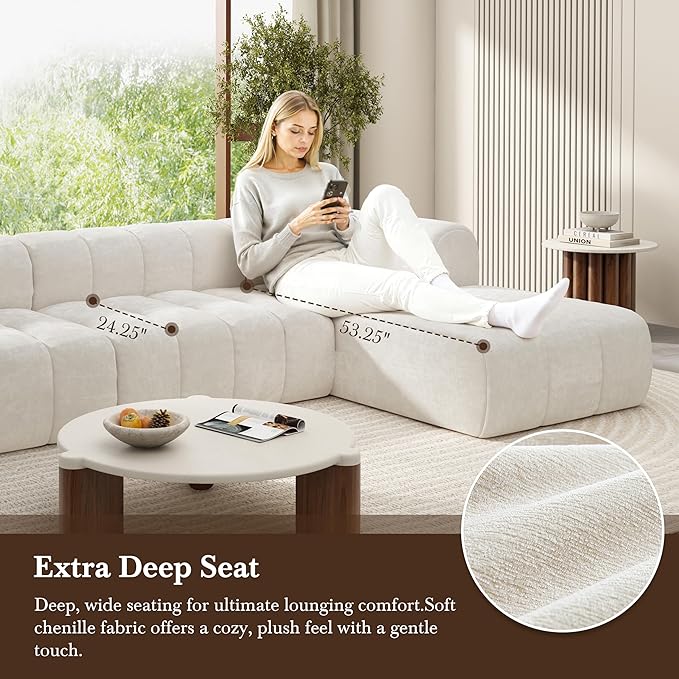 Christopher Knight Home Mania 122 Modular L-Shape Sofa Couch with Chaise Lounge Modern Sectional Sofa Set for Living Room Boucle Fabric Upholstered Cloud Couch with Deep Seat Milky White