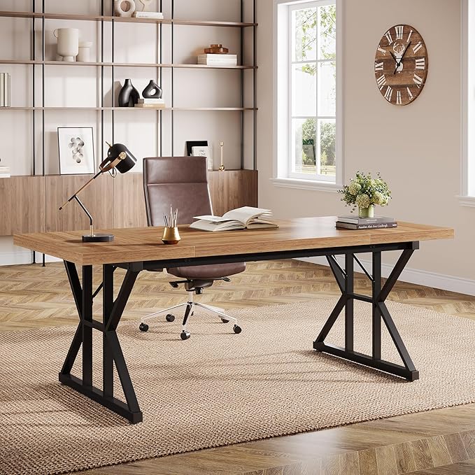 Tribesigns 70.86-Inch Large Executive Desk Industrial Home Office Computer Desk Simple Long Writing Study Table Business Furniture (Light Brown/Black)