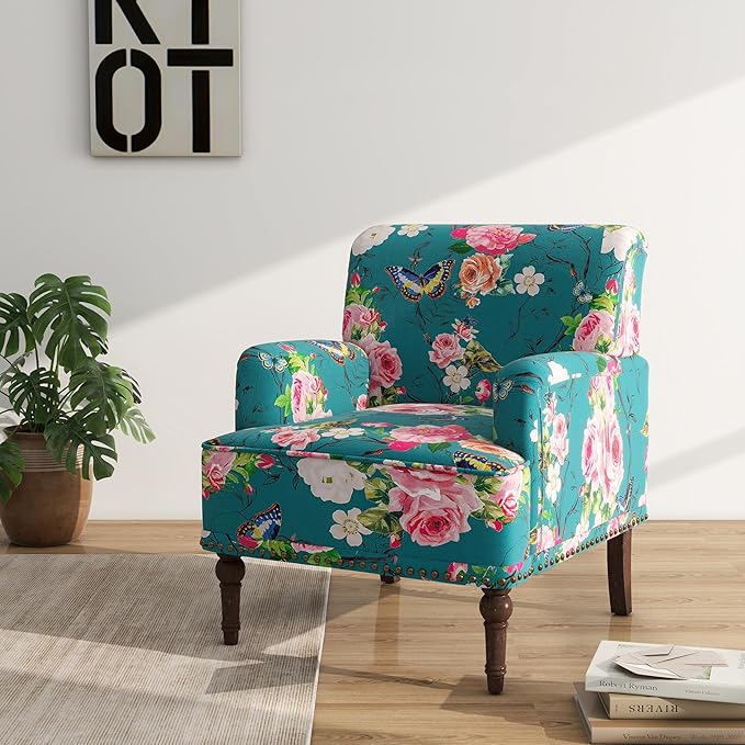 Accent Chair Mid Century Modern Comfy Armchair for Living Room Linen Fabric Single Sofa Lounge for Reading Bedroom Apartment Waiting Room with Wood Legs (Floral Set of 2)