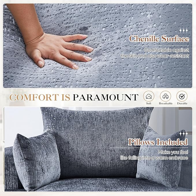 Modern Round Accent Sofa Chair for Living Room Upholstered Chenille Barrel Lounge Arm Chair with Large seat&ampThrow Pillows for Bedroom Office Apartment Grey