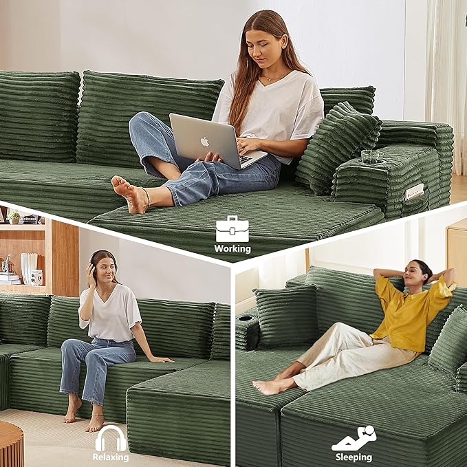 GNIXUU 133.5 Corduroy Boneless Sectional Couches for Living Room Oversized Memory Foam U Shaped Cloud Modular Sectional Sofa with Deep Seat Cup Holders &amp Storage Pocket No Assembly Required Gr