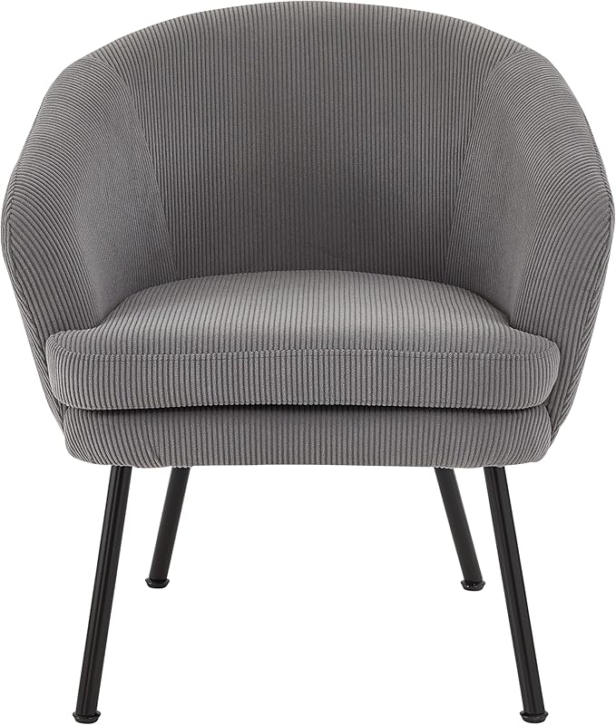 Modern Corduroy Accent Chair with Channel Back Design Black Metal Legs and Soft Upholstery Comfortable Seating for Living Room Bedroom or Office Grey