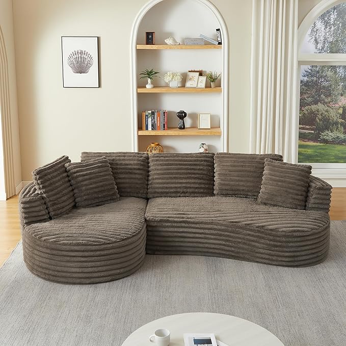 Modern Boneless Curved Sectional Sofa Oversized Minimalist L-Shape Corduroy Sponge Sofa with Round Chaise Comfy Sleeper Couch for Living Room Apartment Reception Spaces 4 Seat Brown Left Chaise
