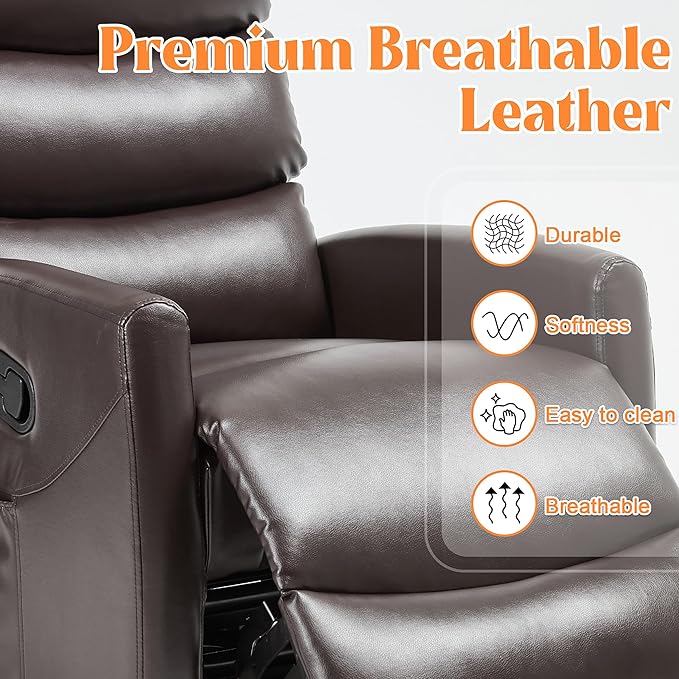 Luxlen Manual Swivel Rocker Recliner Chair with Massage Overstuffed Recliner Glider with Vibration Massage and Heat for Nursery Living Room Reclining Sofa Chair PU Leather Dark Brown