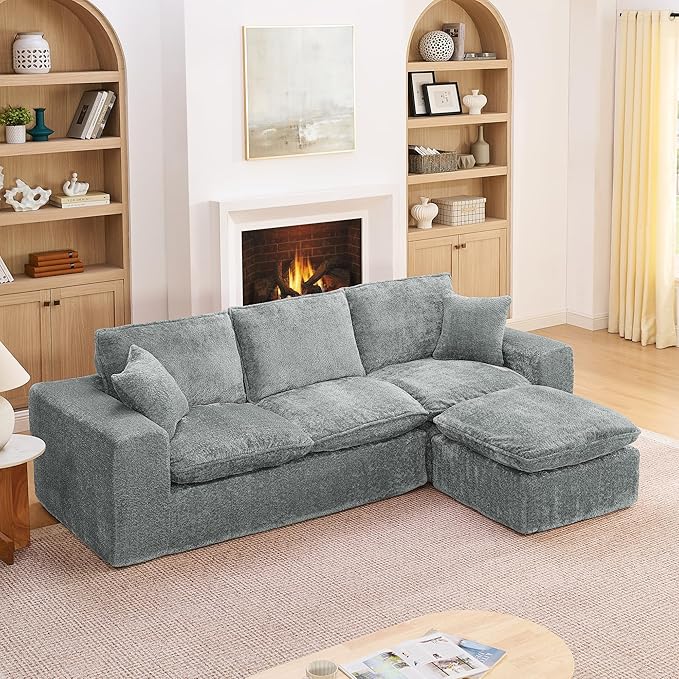 L-Shaped Boneless Modular Sectional Cloud Couches 4 Seat Modular Boucle Floor Foam Boneless Sofa Couch with Ottoman Headrest Pillows and Removable Cushions