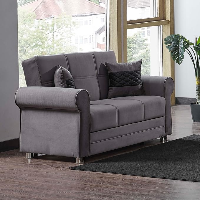 Sweet Home Stores 61 Loveseat with Storage Firm Fabric 2 Seater Convertible Small Sleeper Couch Bed for Living Room or Home Office Gray