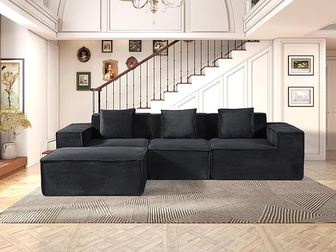 Rowan Convertible Corduroy Sectional Couch with Ottoman &amp Pillows Modular L Shaped Sleeper Sofa Boneless Cloud Couch for Living Room Furniture Black