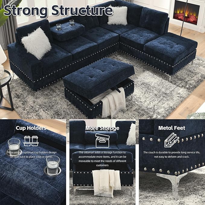 Living Room Furniture Sets L-Shape Sectional 5-Seater Sofa with Extra Wide Reversible Chaise Storage Ottoman and Cup Holders and Copper Nails 2 Pillows Navy Blue