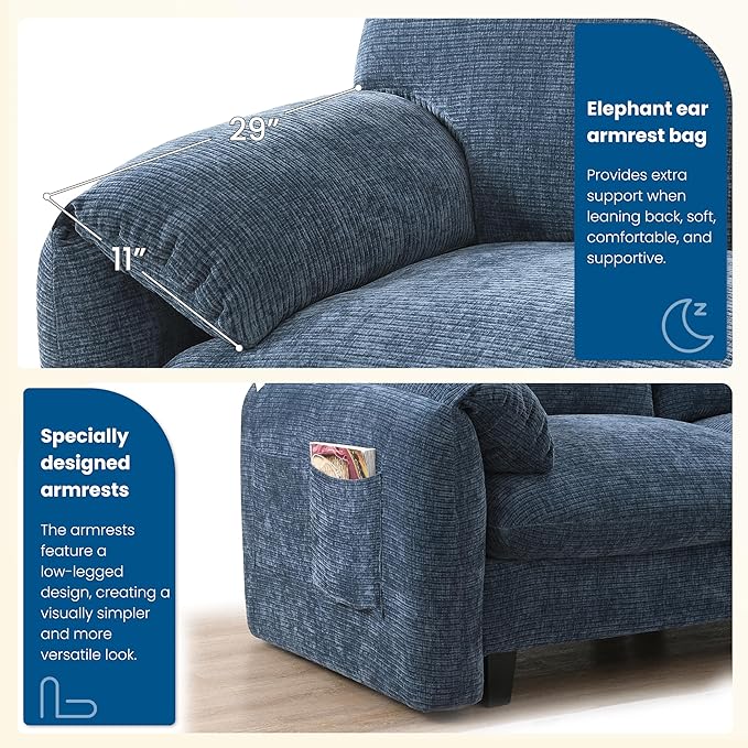 108 Modular Sectional Sofa L-Shape Upholstered Couch with Free Movement Ottoman Phone Holder and 2 Side Storage Pockets 31.5 Extra-Wide Seat Cushion Striped Chenille (Blue Gray/511)