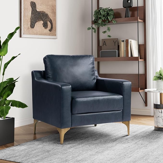 Serta Triton 33.5 Arm Chair Transitional Modern Dreamcoil Comfort Metal Legs Vegan Leather Navy Blue