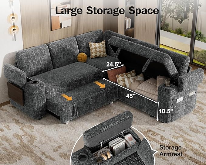 Vipbear 86 Modular Sectional Sleeper Sofa with Pull Out Bed 5 Seat Chenille L Shaped Couch with USB Ports|Cup Holders|Side Table|Storage Seat Armrests Tool Free Assembly Grey