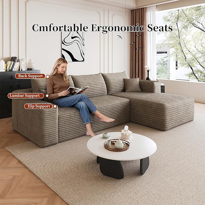 96 Cloud Small Sofa for Small Space L-Shaped Modular Sectional with Chaise for Apartment and Dorm Camel Corduroy Deep Seat Boneless Couch No Assembly Required (Camel Right Facing Chaise)