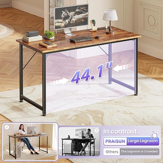 PRAISUN 47 X 20 Inch Office Computer Desk with Power Outlets and USB-C Port Larger Gaming Desk for Home Office Study Bedroom Writing Work from Home Table Metal Frame Rustic Brown