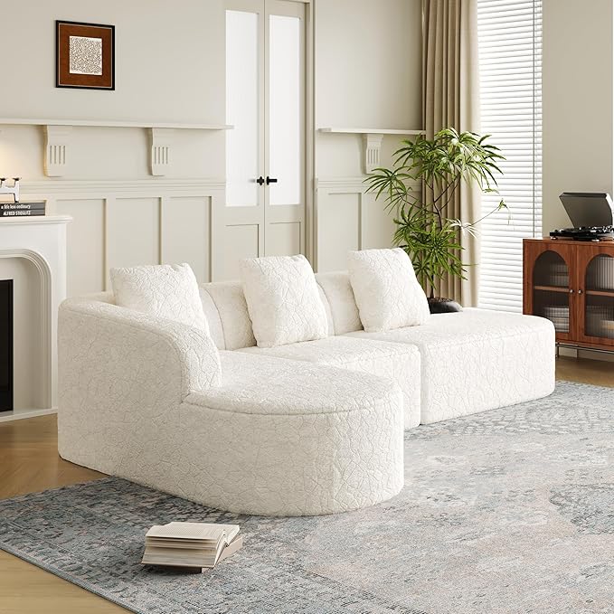 111.8' Curved Sectional Cloud Sofa Modern L Shaped Couch with Chaise &amp Pillows Comfy Upholstered Deep Seat Compression Boneless Sofa for Living Room Office No Assembly Required Left Facing Wh