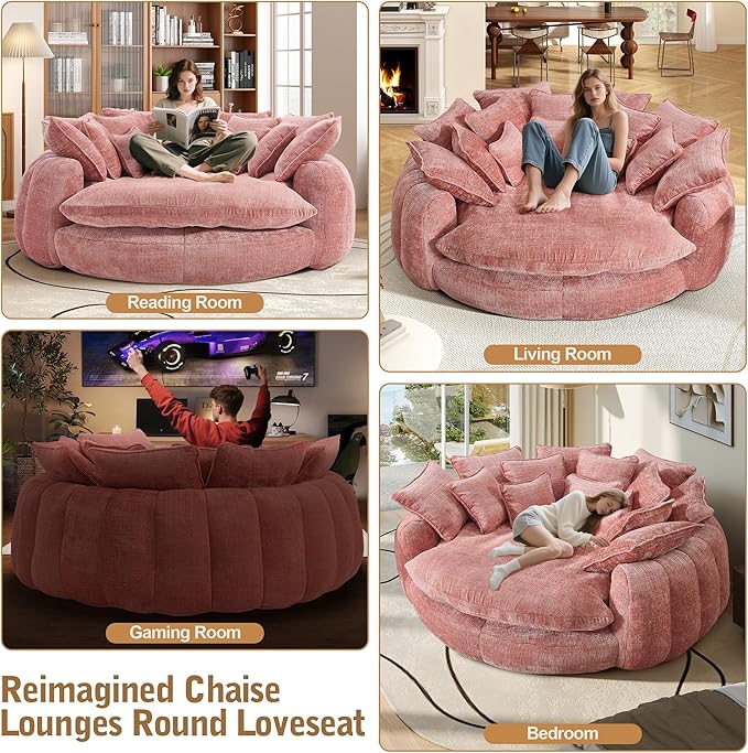 81 Oversized Bean Bag Chair Boneless Round Chaise Lounge Comfy Chenille Reading Chair Fluffy Plush Sofa Bed Large Deep Seat Circle Cloud Couch for Living Room/Apartment/Bedroom Pink