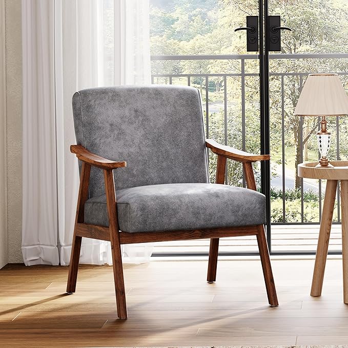 Mid Century Accent Chair Boho Farmhouse Accent Chairs for Living Room Retro Single Lounge Reading Armchair with Solid Wood Frame (Polyester Fabric in Grey)