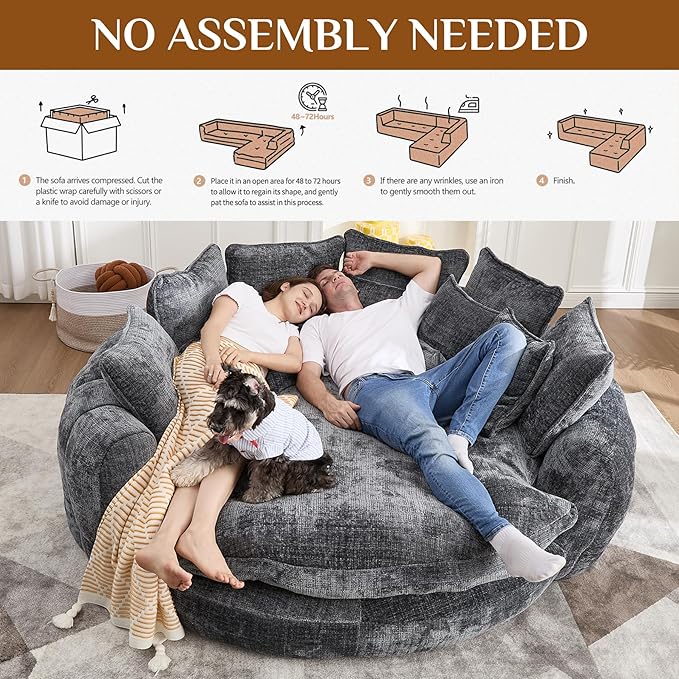 81 Round Sofa Bed Big Bean Bag Round Chaise Lounge Oversized Round Couch Boneless Reading Chair Plush Fluffy Chenille Large Chaise Chair for Living Room Bedroom Apartment Dark Gray