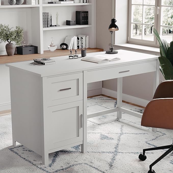 Martha Stewart Hutton Home Office Desk and Four Tier Bookcase Bundle in Gray with Brushed Nickel Hardware