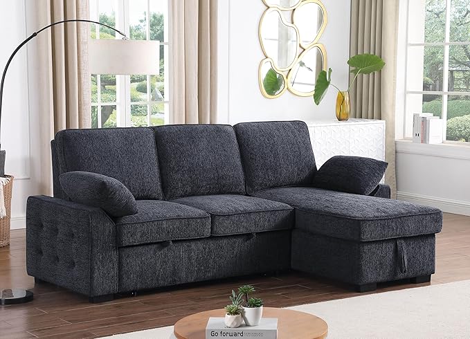 ERYE L-Shaped Pull Out Sleeper Sofa Bed Modern Chenille Upholstered Button Tufted Corner Reversible Sleeper Sectional Sofa Couch with Storage Chaise Drop-Down Table Cup Holders and Charging Ports