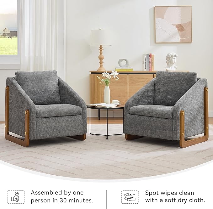 Modern Upholstered Living Room ChairsComfy Chenille Fabric Accent Armchair with Wooden Side FrameSoft Cushion Seat and Backrest Reading Sofa Chair for Bedroom Office (Gray Set of 1)