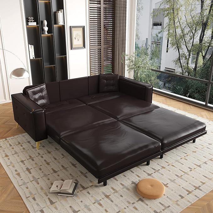92.1 King Size Pull Out Couch Faux Leather 3-in-1 Convertible Sofa Bed with Wide Armrests &amp Tufted Upholstery 4 Seat Pull Out Sofa Bed with Pillows for Living Room/Apartment/Office Dark Brown
