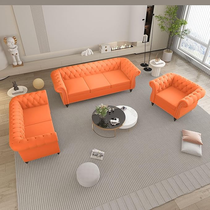 Living Room Velvet Sofa and Loveseat set Mid Century Modern Upholstered Couch with Cushions 2-Piece Home Sofa Furniture Sets Comfy Tufted Chesterfield Couches for Living Room Bedroom Office