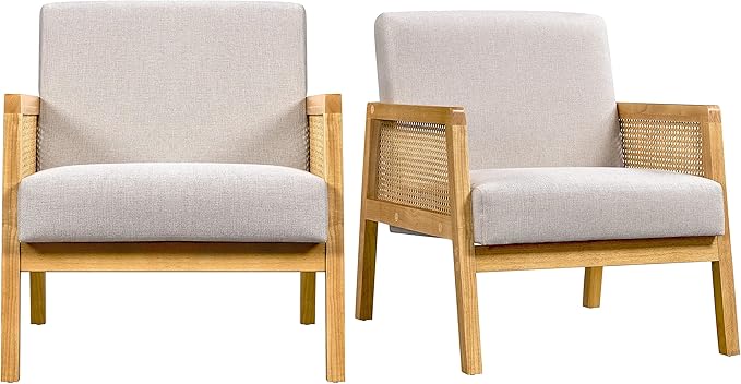 Topeakmart Accent Chair Armchair with Rattan Sides Modern Barrel Chairs for Living Room Bedroom Set of 2 Beige