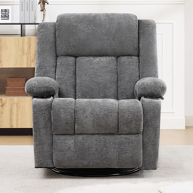 Swivel Rocker Recliner for Adults Manual Lazy Boy Recliner Chair with Cup Holders 360 Degree Rotating Nursery Rocking Chair Glider Recliner for Living Room (Grey)