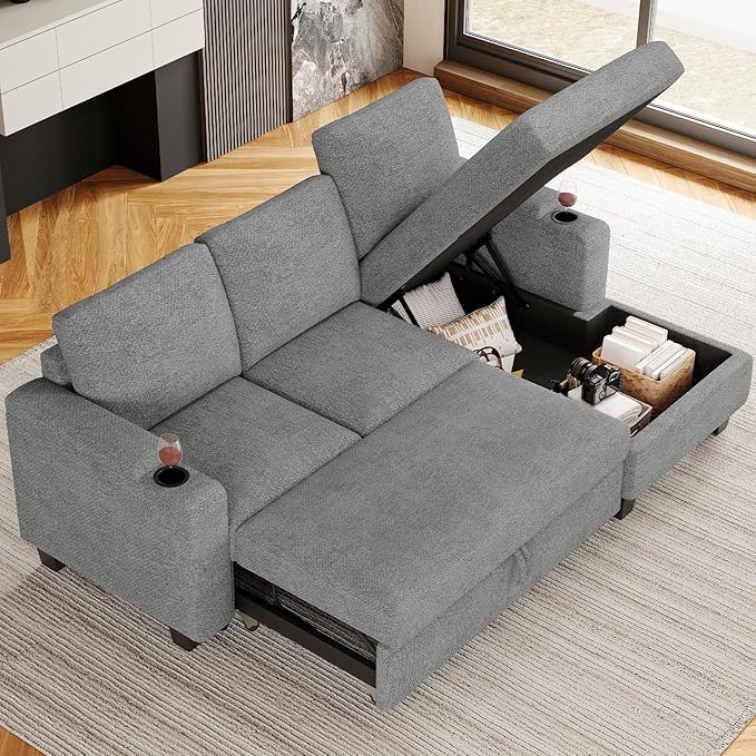 Belffin Sleeper Sofa Bed Pull Out Couch L Shaped Couch with Storage Right-Facing Chaise Modular Sectional Sofa with Cup Holder. Light Grey