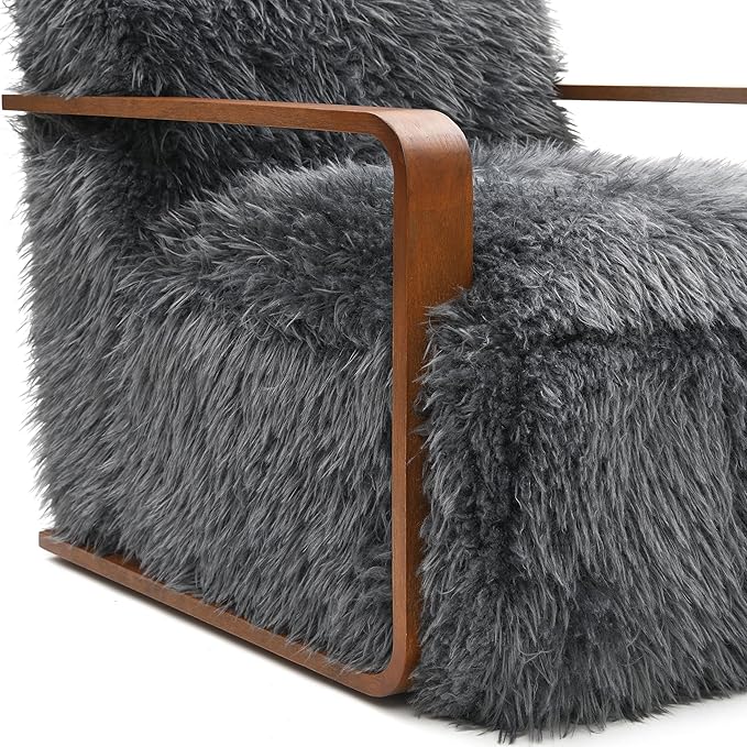Furniture of America Ramos Modern Lounge Chair with Ultra Soft Faux Fur Long-Haired Accent Sofa Tight Seat and Back Single Couch Fluffy Living Room Seating No Assembly Needed Charcoal Gray