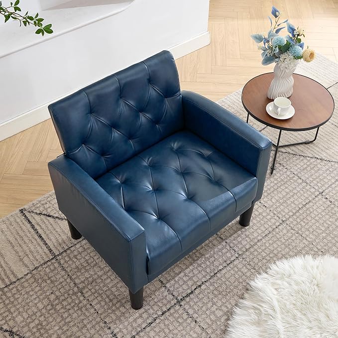 TYBOATLE Accent Chair Comfy Living Room Chair Leather Tufted Mid Century Modern Accent Chair Small Cozy Reading Arm Chair for Office Bedroom (1 Blue)