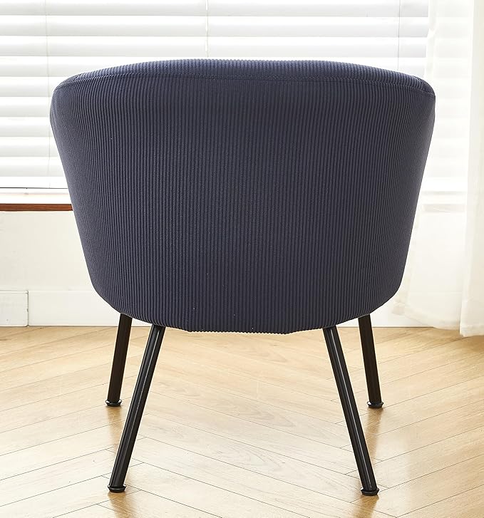 Modern Corduroy Accent Chair with Channel Back Design Black Metal Legs and Soft Upholstery Comfortable Seating for Living Room Bedroom or Office Blue
