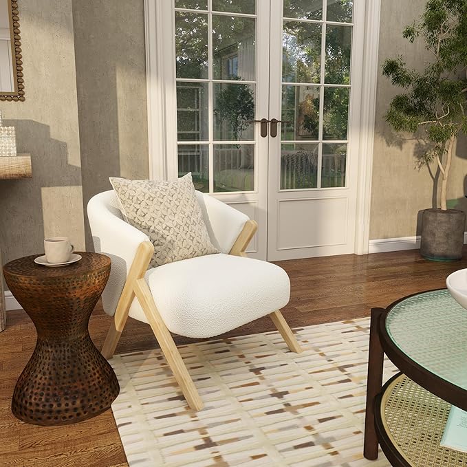 Deco 79 Polyester Living Room Accent Chair Rounded Boucle Side Chair with Angled Wooden Legs Corner Chair 27 x 26 x 28 White