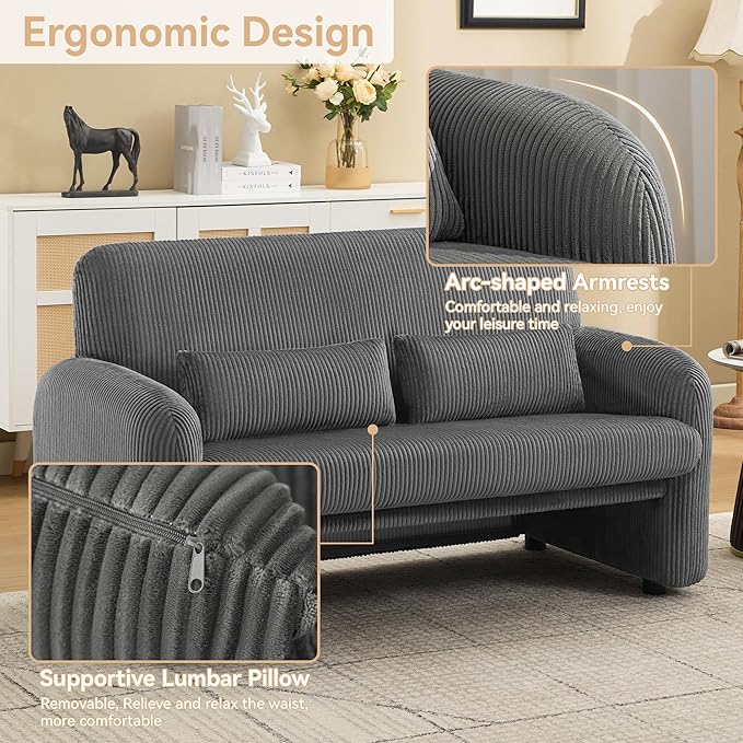 56'' Corduroy Loveseat Sofa 2 Seater Love Seat Couch for Small Space Comfy Upholstered Modern Leisure Loveseat Couches with Lumbar Pillows for Bedroom Office Living Room Grey