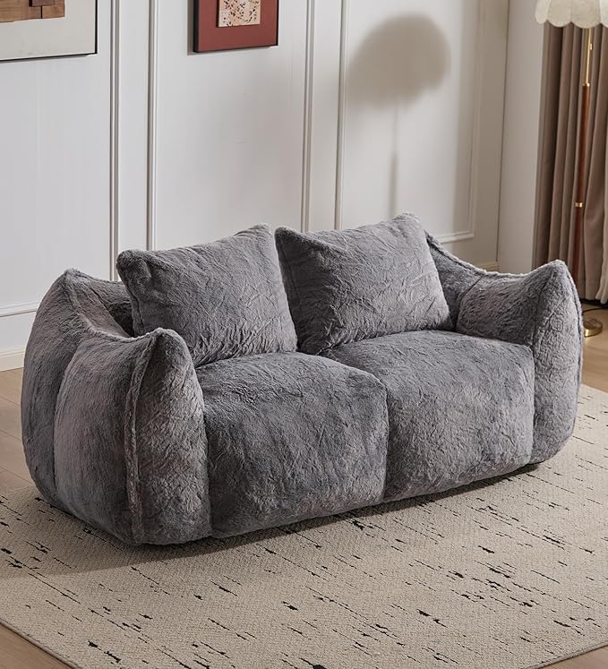 Alpen 75 Couch Loveseat Boneless Sofas with Armrests Faux Rabbit Fur Fabric Couches with Tufted Cushion &amp Backrest Sofa in a Box Large Bean Bag Chair for Bedroom Living Room Grey