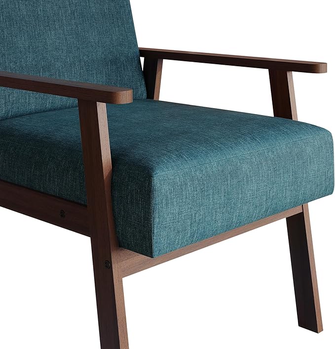 Mid-Century Modern Accent Chair Linen Upholstery Wooden Armrests Cushioned Seat Easy Assembly Blue