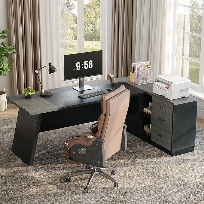 LITTLE TREE 78-Inch Executive Office Desk with File Cabinet Large Modern Corner Office Desk for Home Office 3-Drawer Wood File Cabinet Spacious Workstation for Home Office (Grey &amp Black)