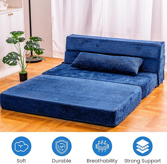 Folding Sofa Bed Convertible Sleeper Chair with Pillow High Density Memory Foam Fold Out Couch Foldable Mattress Futon Sofa for Living Room/Dorm/Guest Use/Apartment/Home Office
