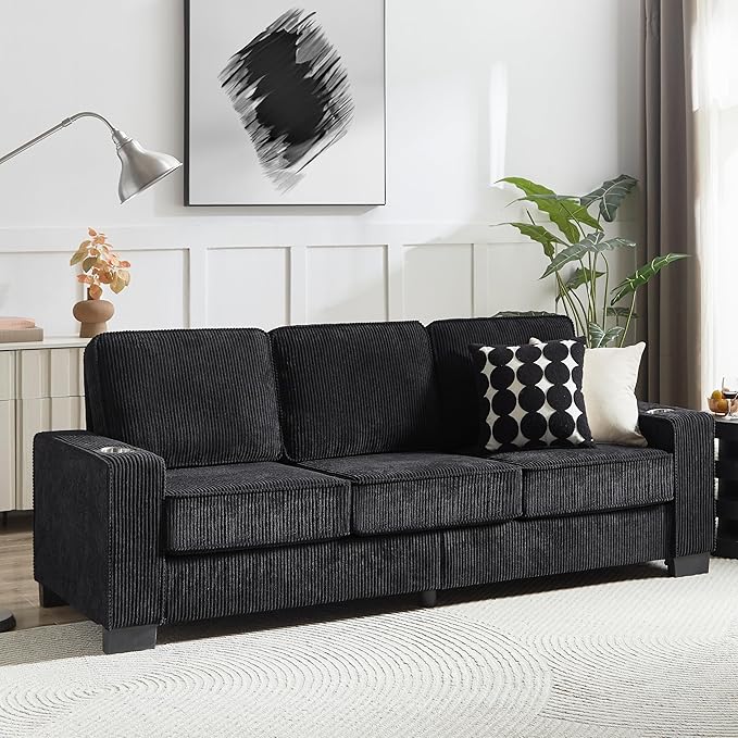 Modern Black Fabric Sofa Compressed 3-Seater Couch for Living Room Bedroom Office Versatile Furniture