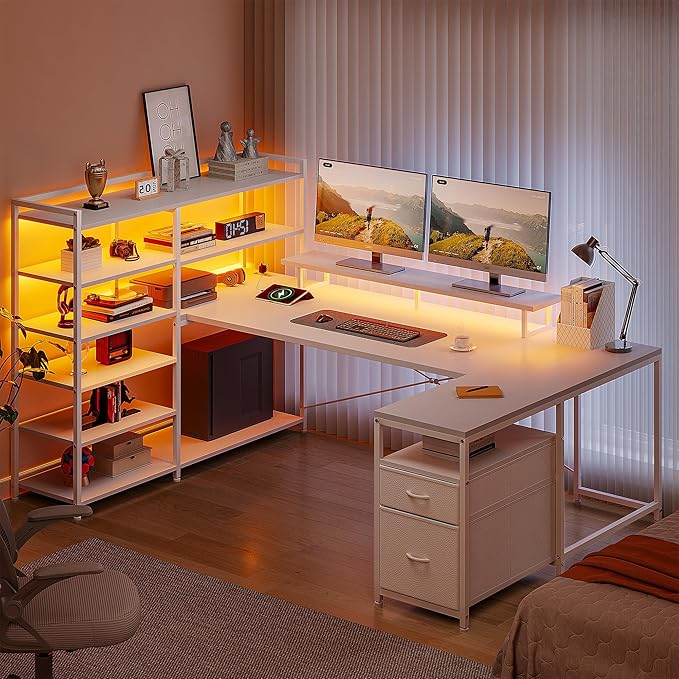 Computer Desk with 6 Storage Shelves &amp 2 Fabric Drawers63'' L Shaped Gaming Desk with Power Outlet &amp LED Strip Reversible Office Desk with Monitor Stand White