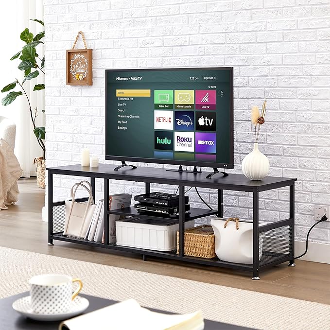 VECELO TV Stand with Power Outlets for Televisions up to 65Inch 55 Media Entertainment Center with Charging Station 3-Tier Open Storage Shelves with Metal Frame for Living Room/BedroomBlack