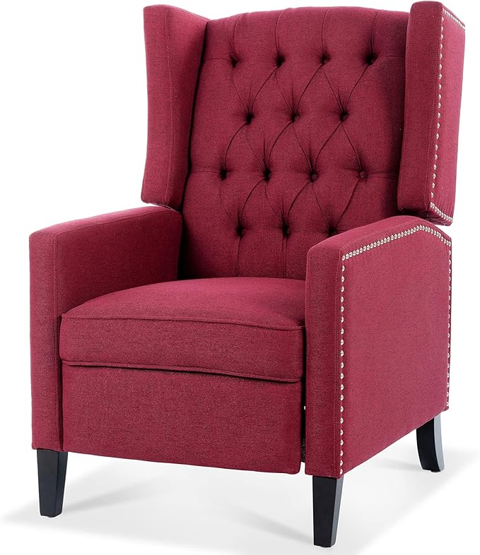 GDFStudio Upholstered Manual Wingback Recliner Chair Mid Century Modern Comfortable Chair Couches with Button Tufted Back &amp Footrest Lounge Armchair Accent Easy Couches for Living Room Wine Red
