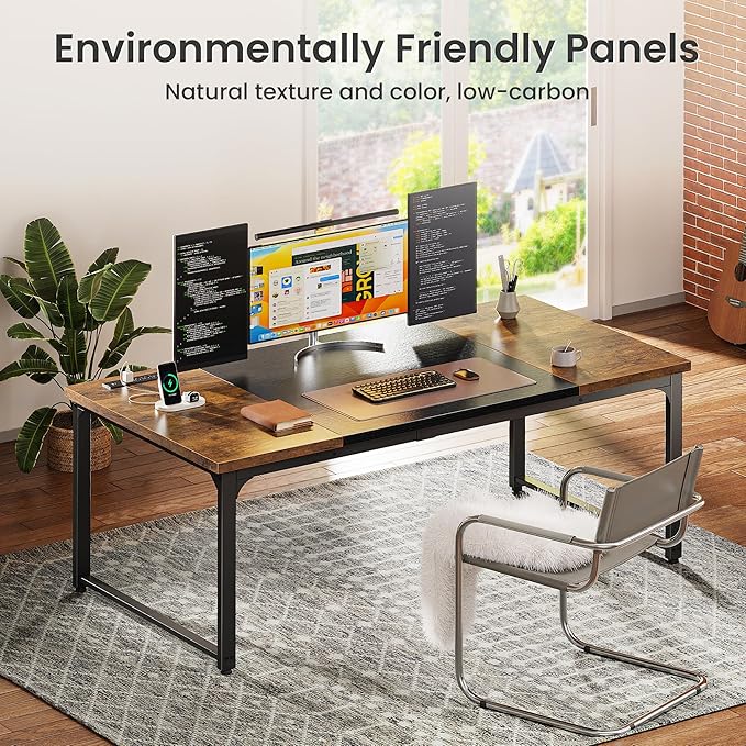 Huuger 63 x 31.5 inch Desk with Power Outlets &amp USB-C 1.2 Inch Thicker Desktop Robust Metal Tubes Deep Computer Desk Heavy Duty Office Desk Work Desk Rustic Brown and Black