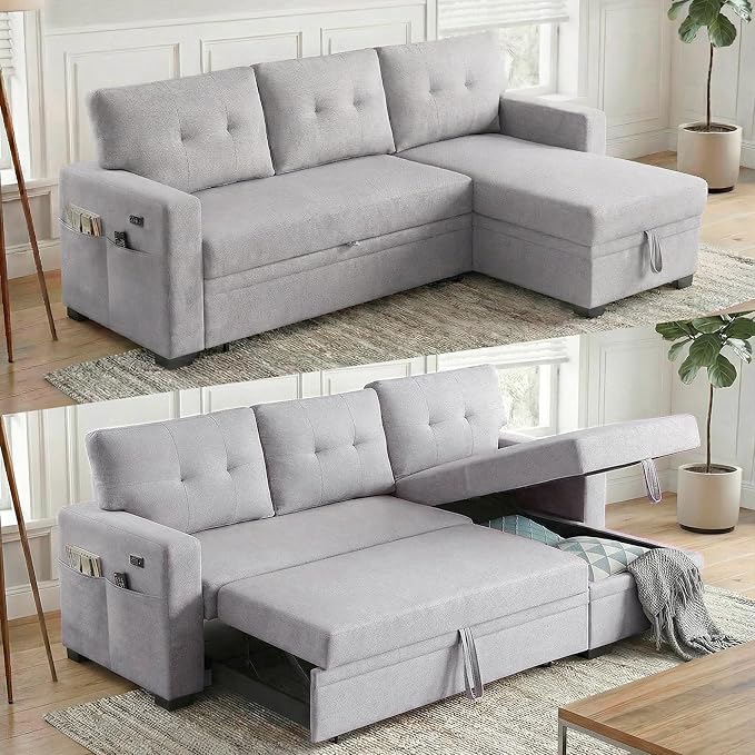 Convertible Sleeper Sofa Bed with Pull Out Couch L Shaped Couch with Chaise Storage USB Charge &amp Side Pocket Small Sectional Couches for Living Room Apartment | Linen Fabric | 82 | Light Grey