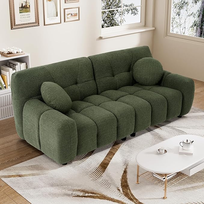 Modern Boucle Sofa Couch Comfy Deep Seat Teddy Cloud Couch 72.8 Upholstered Cozy Sherpa 2 Seater Couches with Pillows Oversized Loveseat Sofa for Living Room Apartment Emerald Green