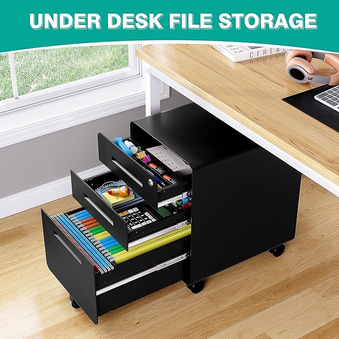 SISESOL 3 Drawer File Cabinet with LockRolling File CabinetsUnder Desk File CabinetThree Drawer Filing Cabinet for Home Office with WheelsFit A4/Letter/Legal FileFully Assembled Except Casters